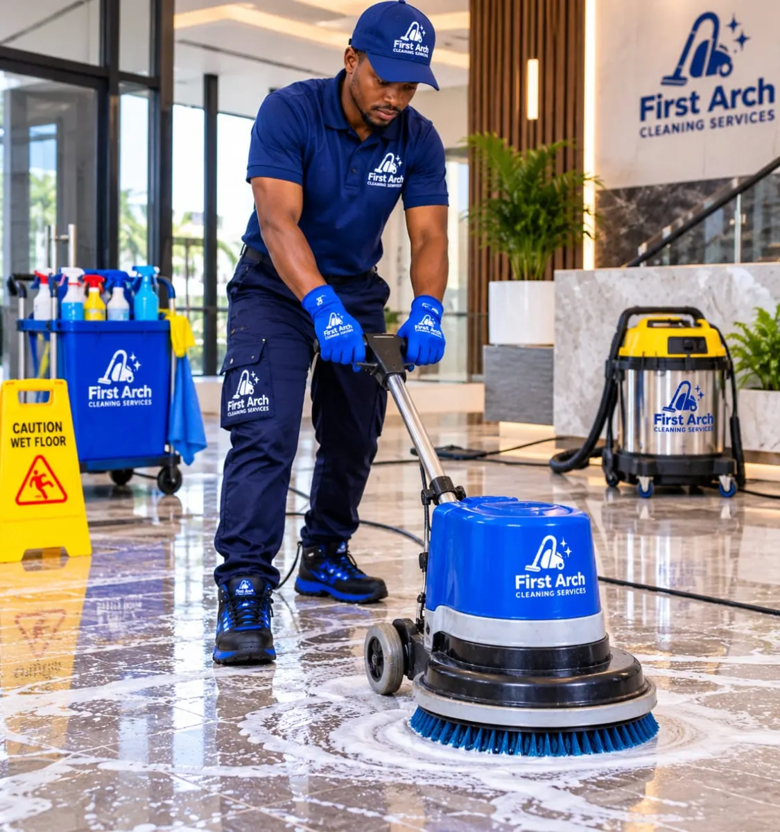 Technician scrubbing a commercial floor with a rotary machine