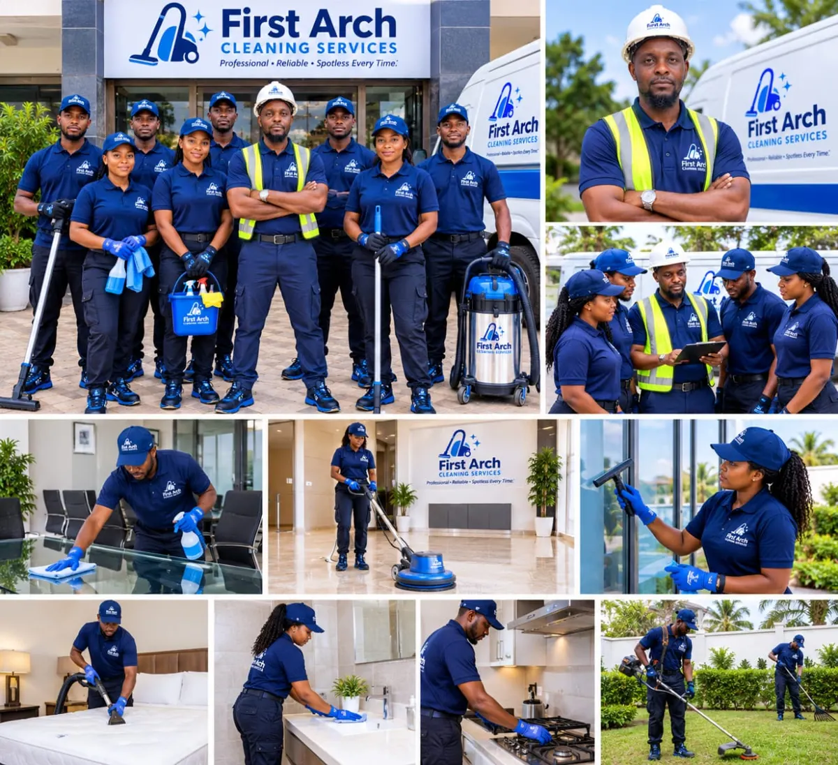 Collage including outdoor compound cleaning