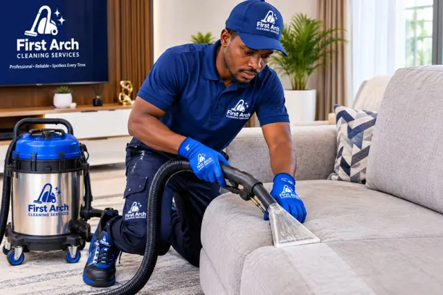 Technician using an extraction machine to clean a fabric sofa