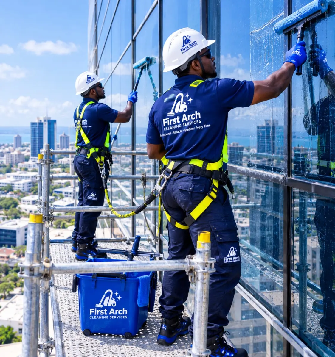 Technicians in harnesses cleaning the glass facade of a building