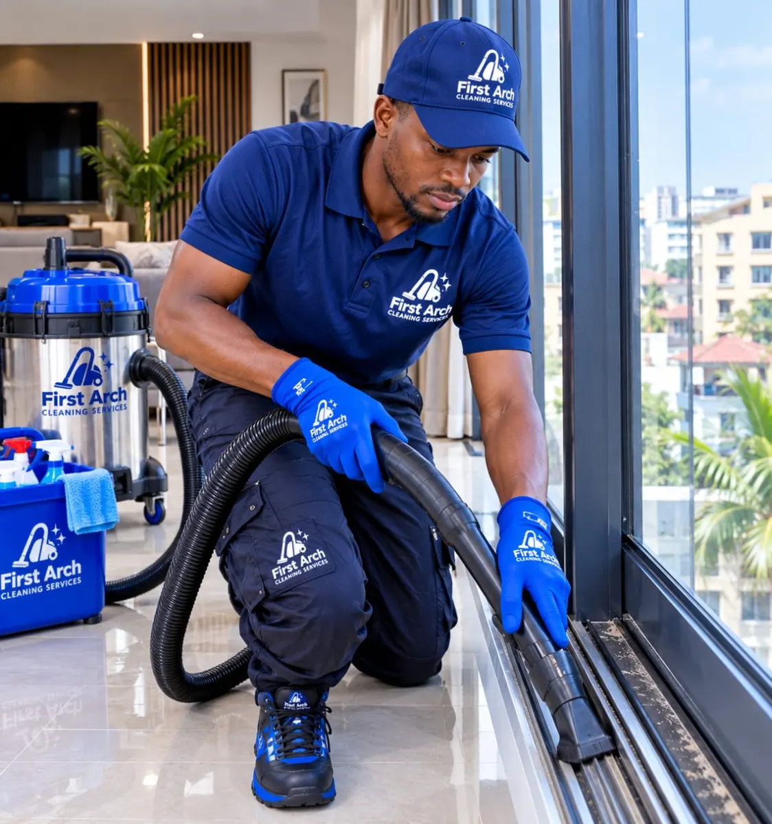 Technician vacuuming a sliding window track during a deep clean